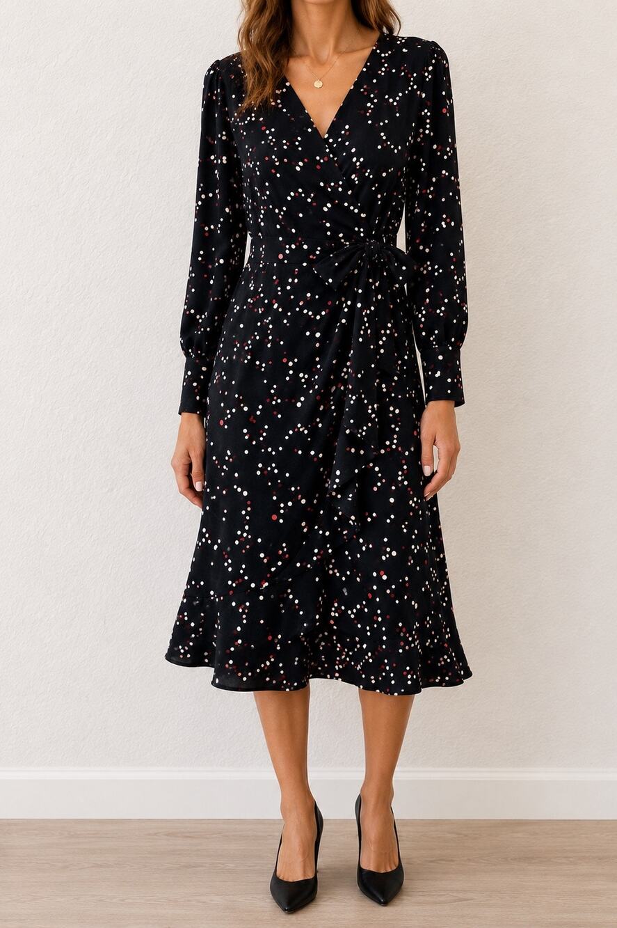 HALOGEN Black Polka Dot Wrap Dress Long Sleeve Midi Nordstrom NWT | Small